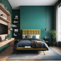 Diseña un dormitorio para hombre moderno y amplio con colores como verde, marrón, negro o azul