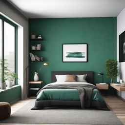 Diseña un dormitorio moderno y amplio para hombre con colores como verde, marrón, negro o azul