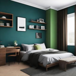 Diseña un dormitorio moderno y amplio para hombre con colores como verde, marrón, negro o azul