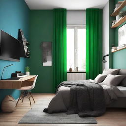 Diseña un dormitorio moderno y amplio para hombre con colores como verde, marrón, negro o azul