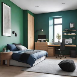 Diseña un dormitorio moderno y amplio para hombre con colores como verde, marrón, negro o azul