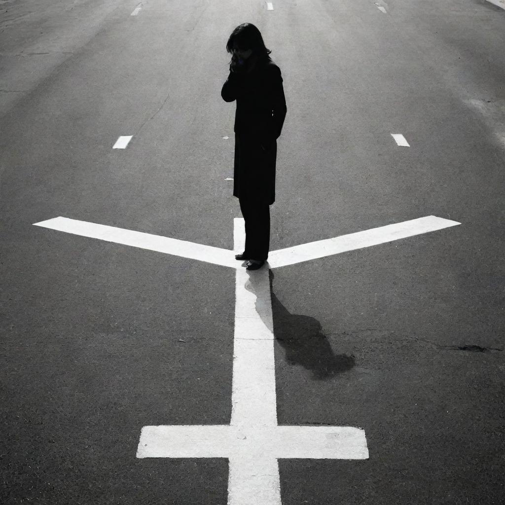 A victim symbolically shown at a crossroads, portraying the essence of making a decision. Use a potent mixture of light and shadow to emphasize the emotional struggle.