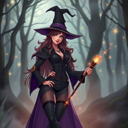 A beautiful witch standing confidently with a magical aura around her, wearing a stylish, dark outfit