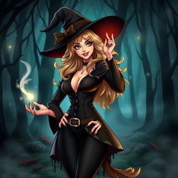 A beautiful witch standing confidently with a magical aura around her, wearing a stylish, dark outfit