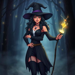 A beautiful witch standing confidently with a magical aura around her, wearing a stylish, dark outfit