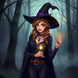 A beautiful witch standing confidently with a magical aura around her, wearing a stylish, dark outfit