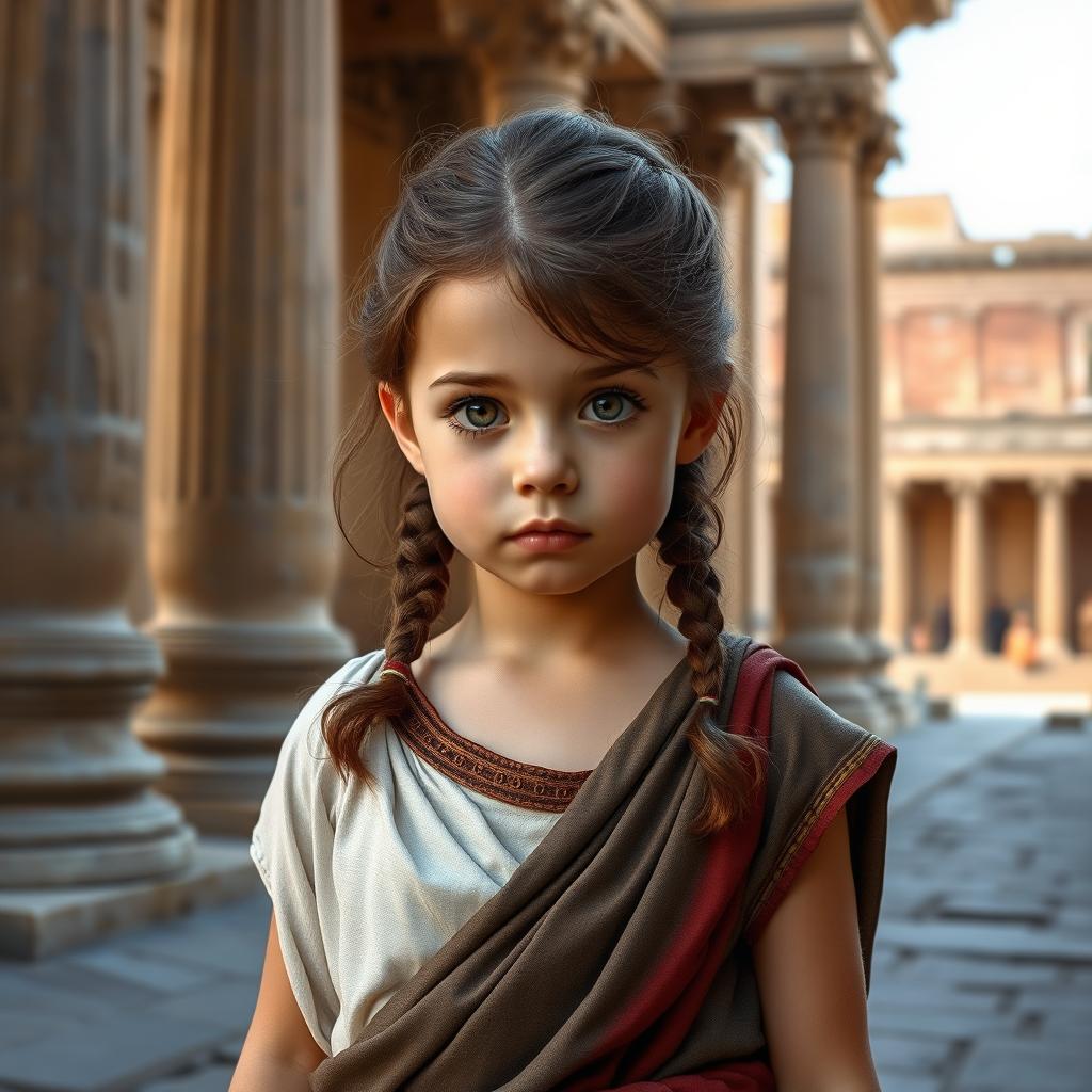 A detailed image of a young Roman girl wearing traditional Roman clothing, such as a tunic and stola, standing in an ancient Roman setting with columns and historical architecture in the background