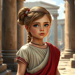 A detailed image of a young Roman girl wearing traditional Roman clothing, such as a tunic and stola, standing in an ancient Roman setting with columns and historical architecture in the background