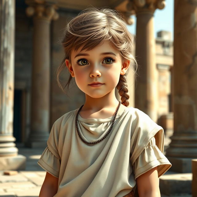 A detailed image of a young Roman girl wearing traditional Roman clothing, such as a tunic and stola, standing in an ancient Roman setting with columns and historical architecture in the background