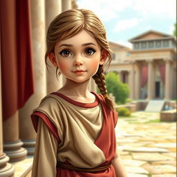 A detailed image of a young Roman girl wearing traditional Roman clothing, such as a tunic and stola, standing in an ancient Roman setting with columns and historical architecture in the background