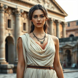 A detailed image of an attractive Roman woman wearing elegant traditional Roman attire, such as a stola and palla, standing in an ancient Roman setting with historical architecture in the background