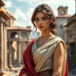 A detailed image of an attractive Roman woman wearing elegant traditional Roman attire, such as a stola and palla, standing in an ancient Roman setting with historical architecture in the background