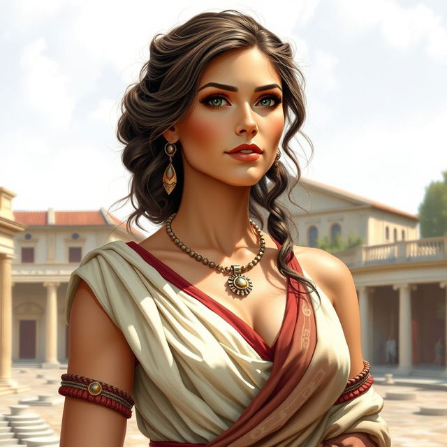 A detailed image of an attractive Roman woman wearing elegant traditional Roman attire, such as a stola and palla, standing in an ancient Roman setting with historical architecture in the background