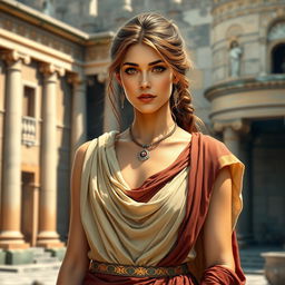 A detailed image of an attractive Roman woman wearing elegant traditional Roman attire, such as a stola and palla, standing in an ancient Roman setting with historical architecture in the background