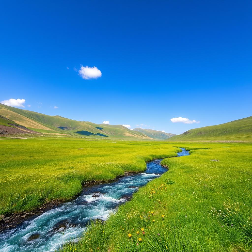 A serene landscape with rolling hills, a clear blue sky, and a sparkling river flowing through a lush green meadow