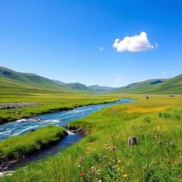 A serene landscape with rolling hills, a clear blue sky, and a sparkling river flowing through a lush green meadow