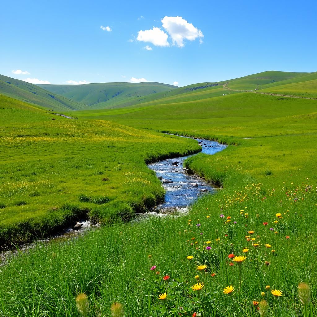 A serene landscape with rolling hills, a clear blue sky, and a sparkling river flowing through a lush green meadow