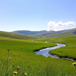 A serene landscape with rolling hills, a clear blue sky, and a sparkling river flowing through a lush green meadow