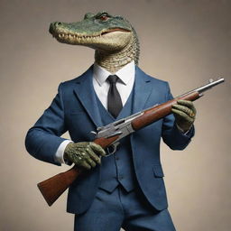 Ultra realistic gangster-style crocodile dressed in a sharp tailored suit, gripping a formidable vintage submachine gun