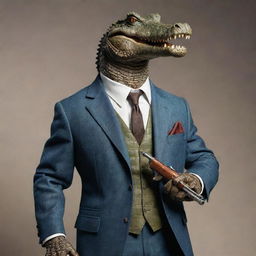 Ultra realistic gangster-style crocodile dressed in a sharp tailored suit, gripping a formidable vintage submachine gun