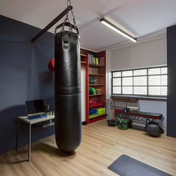 A student boxer's room, merging a study area with a compact boxing training space. Include a sturdy desk, bookshelf, laptop, and a small boxing ring with boxing gear.