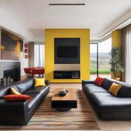 Diseña una sala grande con paredes de colores marrones y negros, ideal para reuniones familiares