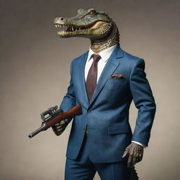 Ultra realistic gangster-style crocodile dressed in a sharp tailored suit, gripping a formidable vintage submachine gun