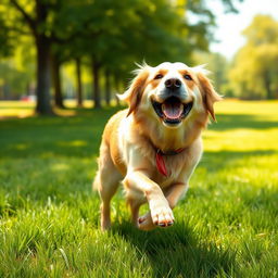 A detailed and realistic image of a happy dog playing in a sunny park, with green grass and trees in the background