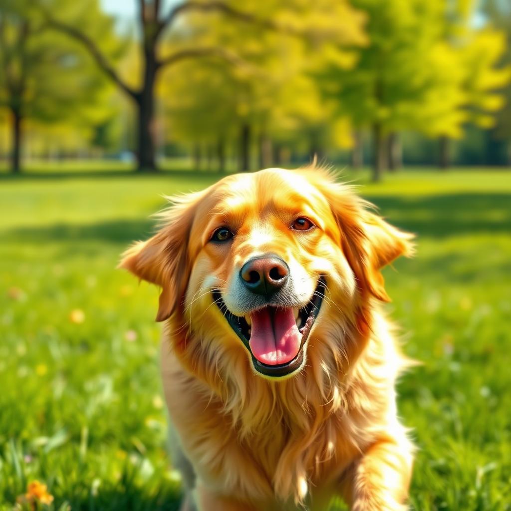 A detailed and realistic image of a happy dog playing in a sunny park, with green grass and trees in the background