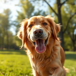 A detailed and realistic image of a happy dog playing in a sunny park, with green grass and trees in the background