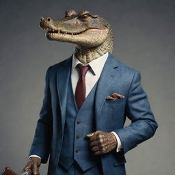 Ultra realistic gangster-style crocodile dressed in a sharp tailored suit, gripping a formidable vintage submachine gun