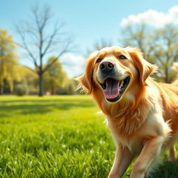 A detailed and realistic image of a happy dog playing in a sunny park, with green grass and trees in the background