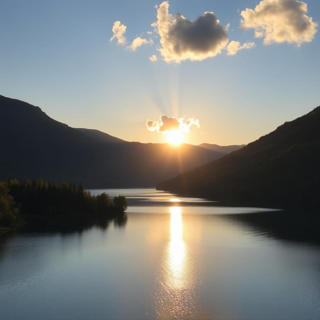 A serene landscape featuring a calm lake surrounded by lush green trees and mountains in the background