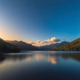 A serene landscape featuring a calm lake surrounded by lush green trees and mountains in the background