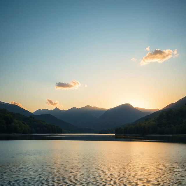 A serene landscape featuring a calm lake surrounded by lush green trees and mountains in the background