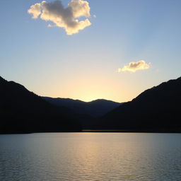 A serene landscape featuring a calm lake surrounded by lush green trees and mountains in the background