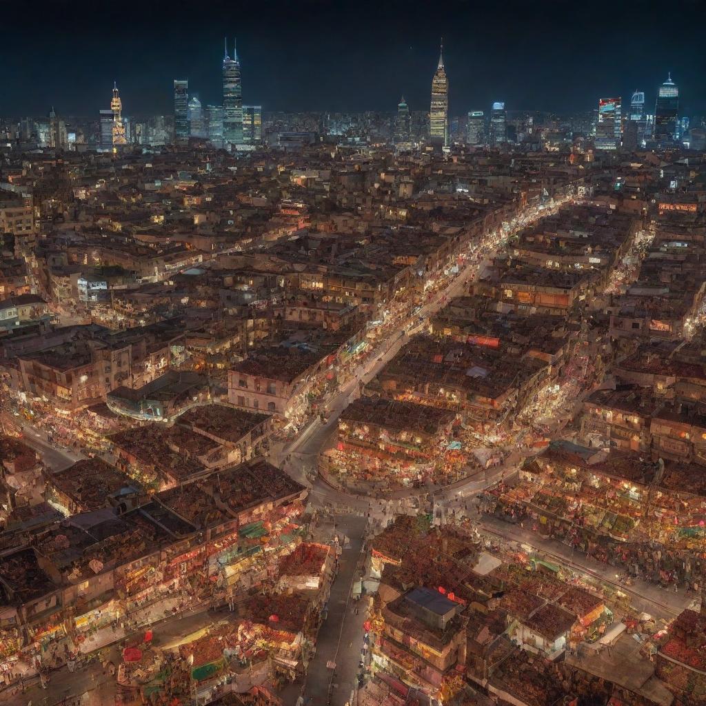 A bustling cityscape at night, entirely made of kebab ingredients. Buildings are skewers of meat, streets are rivers of sauce, streetlights are slices of vegetables.