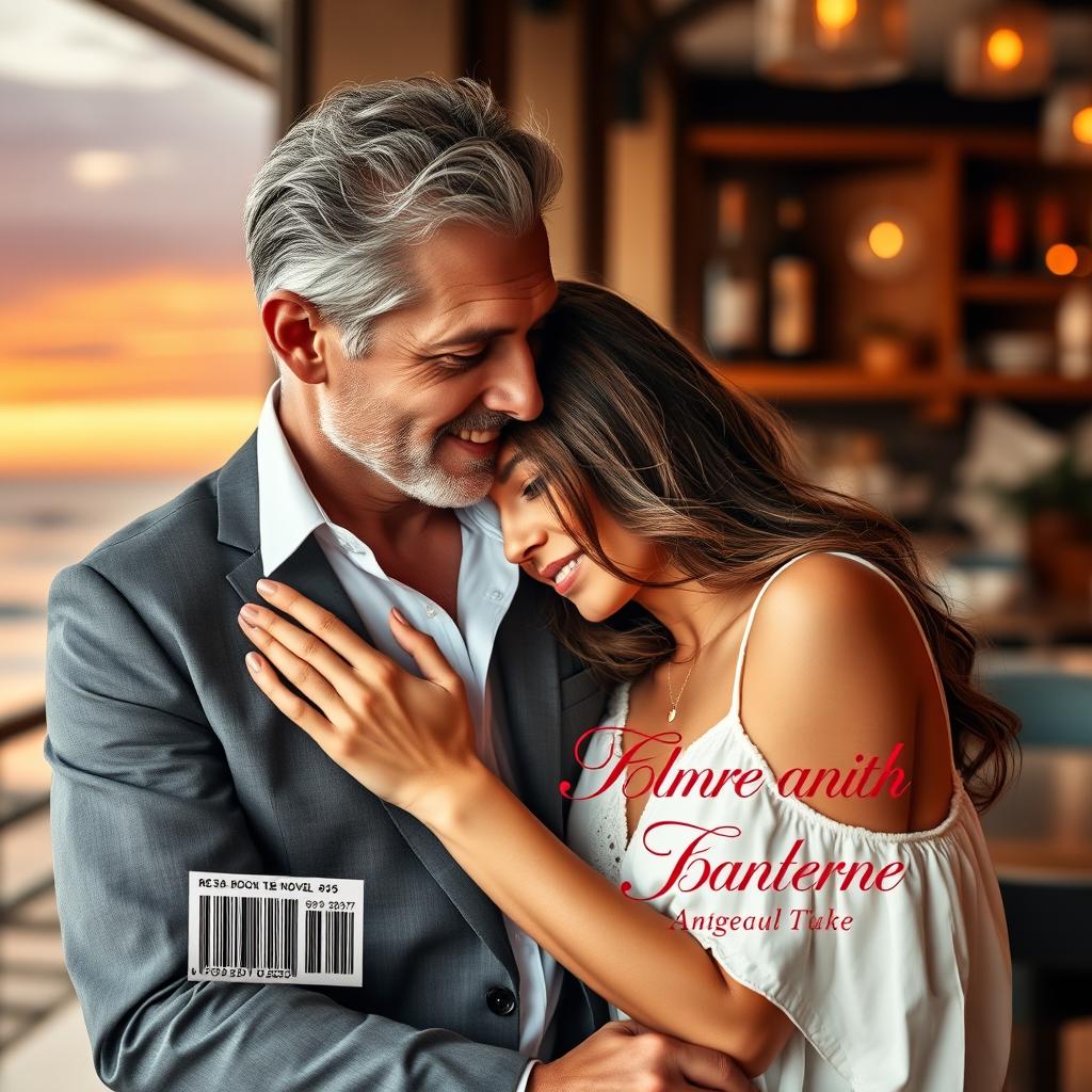 Create a romance novel book cover featuring an age gap relationship