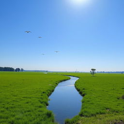 A serene landscape featuring a clear blue sky, lush green fields, and a calm river flowing through the scene