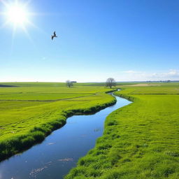 A serene landscape featuring a clear blue sky, lush green fields, and a calm river flowing through the scene