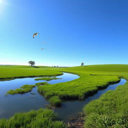 A serene landscape featuring a clear blue sky, lush green fields, and a calm river flowing through the scene