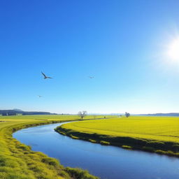 A serene landscape featuring a clear blue sky, lush green fields, and a calm river flowing through the scene