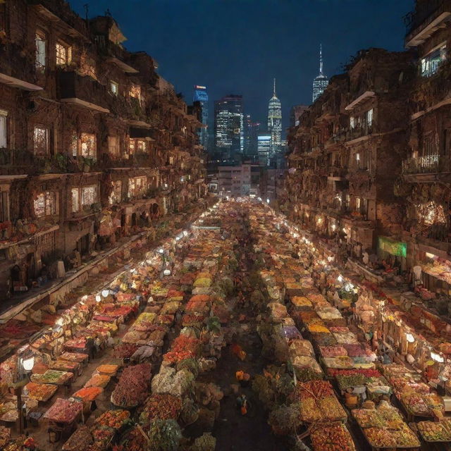 A bustling cityscape at night, entirely made of kebab ingredients. Buildings are skewers of meat, streets are rivers of sauce, streetlights are slices of vegetables.