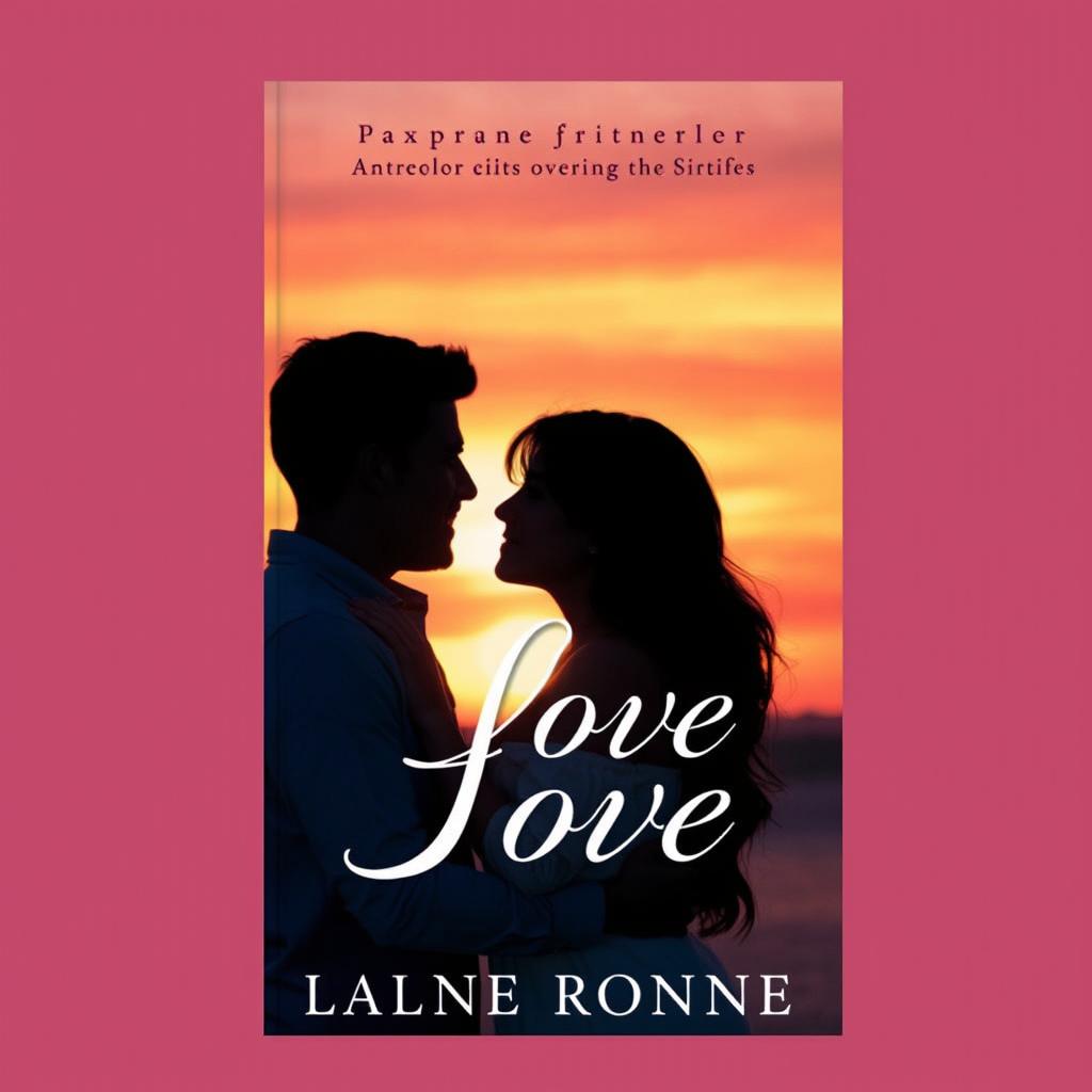 Create a romantic book cover featuring a couple in an embrace, set against a sunset background with soft pastel colors