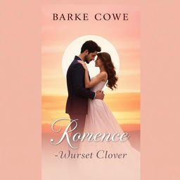 Create a romantic book cover featuring a couple in an embrace, set against a sunset background with soft pastel colors