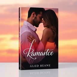 Create a romantic book cover featuring a couple in an embrace, set against a sunset background with soft pastel colors