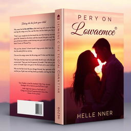 Create a romantic book cover featuring a couple in an embrace, set against a sunset background with soft pastel colors