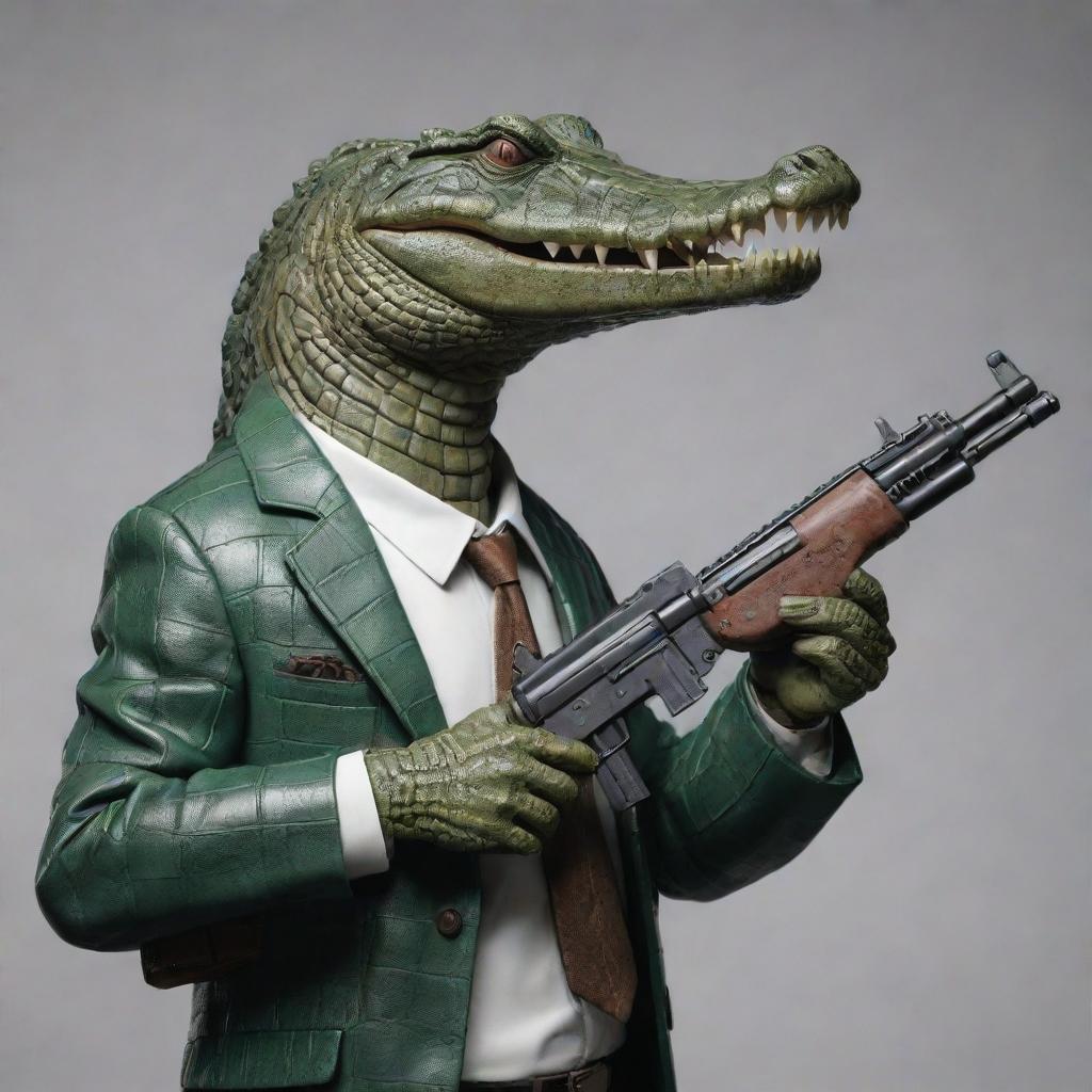 Ultra realistic crocodile exuding gangster vibes, firmly gripping a classic, vintage submachine gun