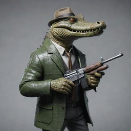 Ultra realistic crocodile exuding gangster vibes, firmly gripping a classic, vintage submachine gun