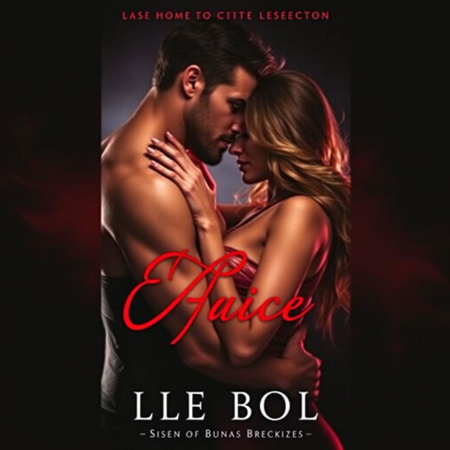 Design an erotic book cover featuring a passionate couple in a close embrace, with a dark and sultry background